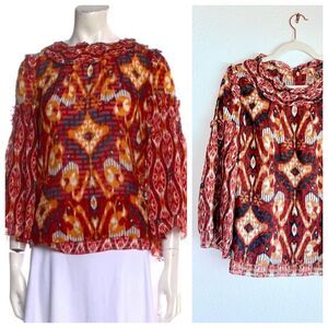 NWOT Tory Burch Aggie Ikat Silk Blend Ruffle Trim Blouse in Brick Red Size 4